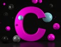 Letter C with, magenta color, cinema 4d, cinematic, render, circles and balls floatin Royalty Free Stock Photo