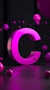 Letter C with, magenta color, cinema 4d, cinematic, render, circles and balls floatin Royalty Free Stock Photo
