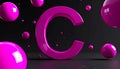 Letter C with, magenta color, cinema 4d, cinematic, render, circles and balls floatin Royalty Free Stock Photo