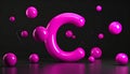 Letter C with, magenta color, cinema 4d, cinematic, render, circles and balls floatin Royalty Free Stock Photo