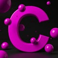 Letter C with, magenta color, cinema 4d, cinematic, render, circles and balls floatin Royalty Free Stock Photo
