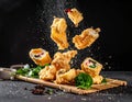 Create a food explosion of salted egg flavored fish skin with mahjong setting Royalty Free Stock Photo