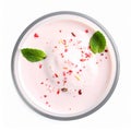 Glass with delicious milk shake on white background, top view Royalty Free Stock Photo