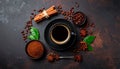 Various spices and seasonings for making aromatic coffee-based drinks. Black coffee Royalty Free Stock Photo