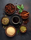 Various spices and seasonings for making aromatic coffee-based drinks. Black coffee Royalty Free Stock Photo