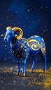 Dynamic powerful blue full-length ram with precious gold embossed pattern and preciou Royalty Free Stock Photo