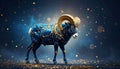 Dynamic powerful blue full-length ram with precious gold embossed pattern and preciou Royalty Free Stock Photo