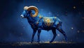 Dynamic powerful blue full-length ram with precious gold embossed pattern and preciou Royalty Free Stock Photo