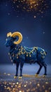Dynamic powerful blue full-length ram with precious gold embossed pattern and preciou Royalty Free Stock Photo