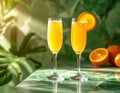 Advertising - product photo of two mimosa cocktails with orange slice garnish, sittin Royalty Free Stock Photo