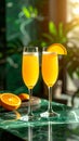 Advertising - product photo of two mimosa cocktails with orange slice garnish, sittin Royalty Free Stock Photo