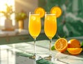 Advertising - product photo of two mimosa cocktails with orange slice garnish, sittin Royalty Free Stock Photo