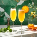 Advertising - product photo of two mimosa cocktails with orange slice garnish, sittin Royalty Free Stock Photo