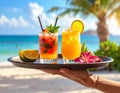 Generates the image of a hand holding a tray with tropical drinks and the hotel backg Royalty Free Stock Photo