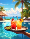 Generates the image of a hand holding a tray with tropical drinks and the hotel backg Royalty Free Stock Photo