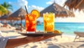 Generates the image of a hand holding a tray with tropical drinks and the hotel backg Royalty Free Stock Photo