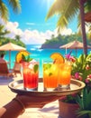 Generates the image of a hand holding a tray with tropical drinks and the hotel backg Royalty Free Stock Photo