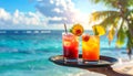 Generates the image of a hand holding a tray with tropical drinks and the hotel backg Royalty Free Stock Photo