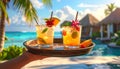Generates the image of a hand holding a tray with tropical drinks and the hotel backg Royalty Free Stock Photo