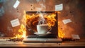 In a surrealist whirlwind, a coffee cup defies gravity, spinning in a tranquil dance Royalty Free Stock Photo