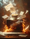 In a surrealist whirlwind, a coffee cup defies gravity, spinning in a tranquil dance Royalty Free Stock Photo