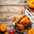 Flat lay composition with turkey on wooden background, space for text. Happy Thanksgiving Royalty Free Stock Photo