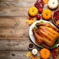 Flat lay composition with turkey on wooden background, space for text. Happy Thanksgiving Royalty Free Stock Photo
