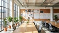 Modern Open Workspace With Natural Light, Large Windows, Office Plants, and Collaborative Workstations Royalty Free Stock Photo