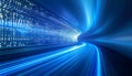 Futuristic Blue Data Tunnel with Speed Motion Lines and Binary Code Elements, High-Tech Connectivity Background, AI Generated Royalty Free Stock Photo