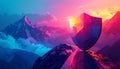 AI Generated Cybersecurity Shield Icon in Futuristic Neon Landscape, 3D Digital Data Protection and Privacy Concept Background Royalty Free Stock Photo