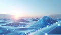 AI Generated Abstract Digital Landscape with Glowing Data Network Plexus and Blue Waves at Sunrise, Futuristic Technology Concept Royalty Free Stock Photo