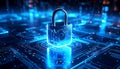Digital Cyber Security Padlock on Blue Circuit Board, AI Generated Concept of Data Protection and Global Network Encryption Royalty Free Stock Photo