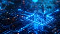 Digital Cyber Security Padlock on Blue Circuit Board, AI Generated Concept of Data Protection and Global Network Encryption Royalty Free Stock Photo