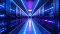 High-Tech Data Center Server Room with Blue and Pink Neon Lights, AI Generated Futuristic Cloud Computing Infrastructure Royalty Free Stock Photo