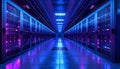 High-Tech Data Center Server Room with Blue and Pink Neon Lights, AI Generated Futuristic Cloud Computing Infrastructure Royalty Free Stock Photo