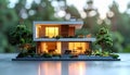 AI Generated - Modern two-story luxury villa architectural model with interior lighting, balconies, and miniature trees. Royalty Free Stock Photo