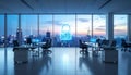 AI Generated - Glowing blue padlock icon on a glass office partition, symbolizing corporate cybersecurity and data protection. Royalty Free Stock Photo