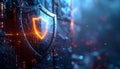 AI Generated - Glowing digital shield on dark textured background, symbolizing cyber security and firewall data protection Royalty Free Stock Photo