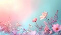 AI Generated: Minimalist Pastel Meadow with Pink Cosmos Flowers and Wildflowers Under a Soft Gradient Sky, Realistic Anime Style Royalty Free Stock Photo