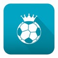 A white silhouette of a soccer ball topped with a crown is centered on a blue square background with rounded corners Royalty Free Stock Photo