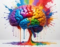 Rainbow paint pouring over brain on a white background with bright explosions behind Royalty Free Stock Photo