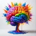 Rainbow paint pouring over brain on a white background with bright explosions behind Royalty Free Stock Photo