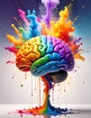 Rainbow paint pouring over brain on a white background with bright explosions behind Royalty Free Stock Photo