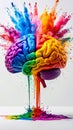 Rainbow paint pouring over brain on a white background with bright explosions behind Royalty Free Stock Photo