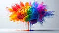 Rainbow paint pouring over brain on a white background with bright explosions behind Royalty Free Stock Photo