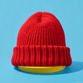 Draw on a solid blue background a red knitted hat with a pompom, a soft hat with maso Royalty Free Stock Photo