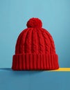 Draw on a solid blue background a red knitted hat with a pompom, a soft hat with maso Royalty Free Stock Photo