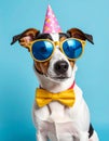 A Jack Russell Terrier wearing a pink party hat with yellow polka dots Royalty Free Stock Photo