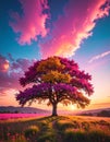 A vividly colored tree with a mix of pink and yellow leaves stands prominently in a field of vibrant grass and flowers Royalty Free Stock Photo