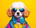 A white and orange poodle dons bright yellow sunglasses and a colorful outfit Royalty Free Stock Photo
